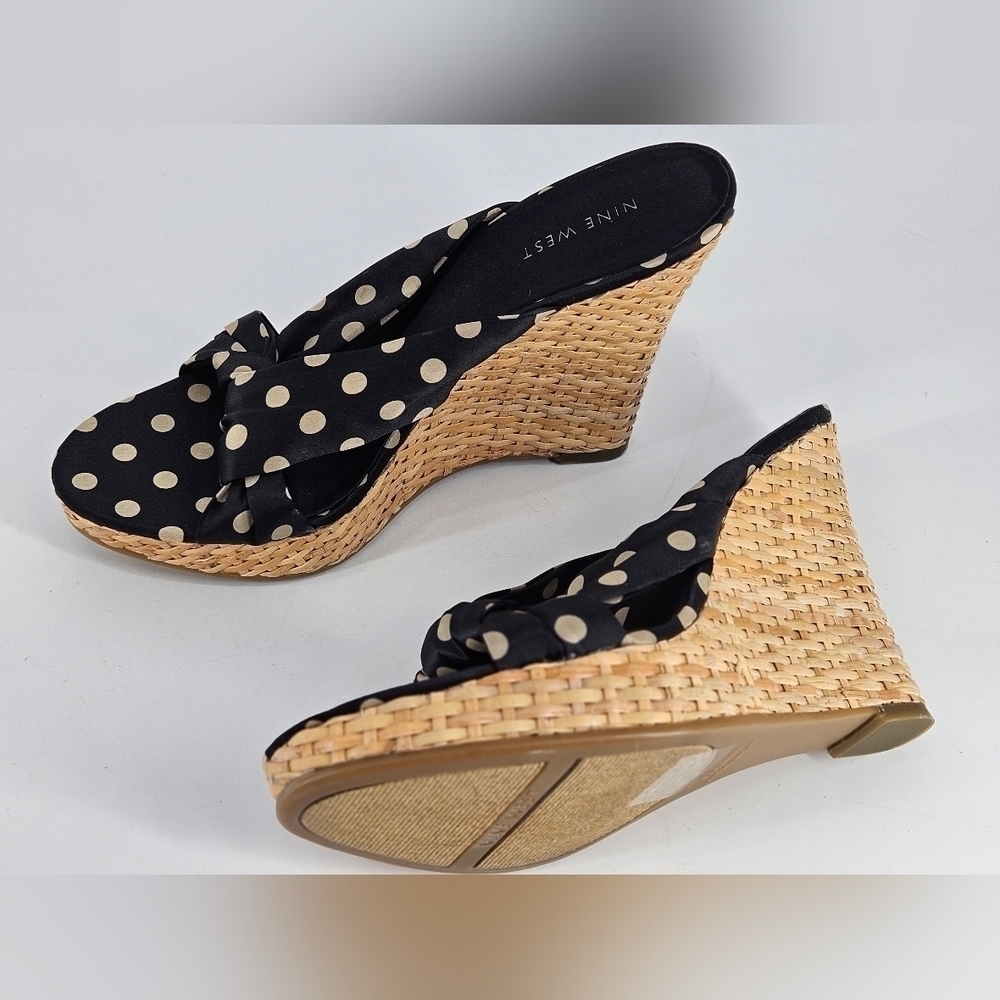 NEW Nine West Women's HARPEL Black & Tan DOTS Platform Wedge Sandal Size 7.5 M